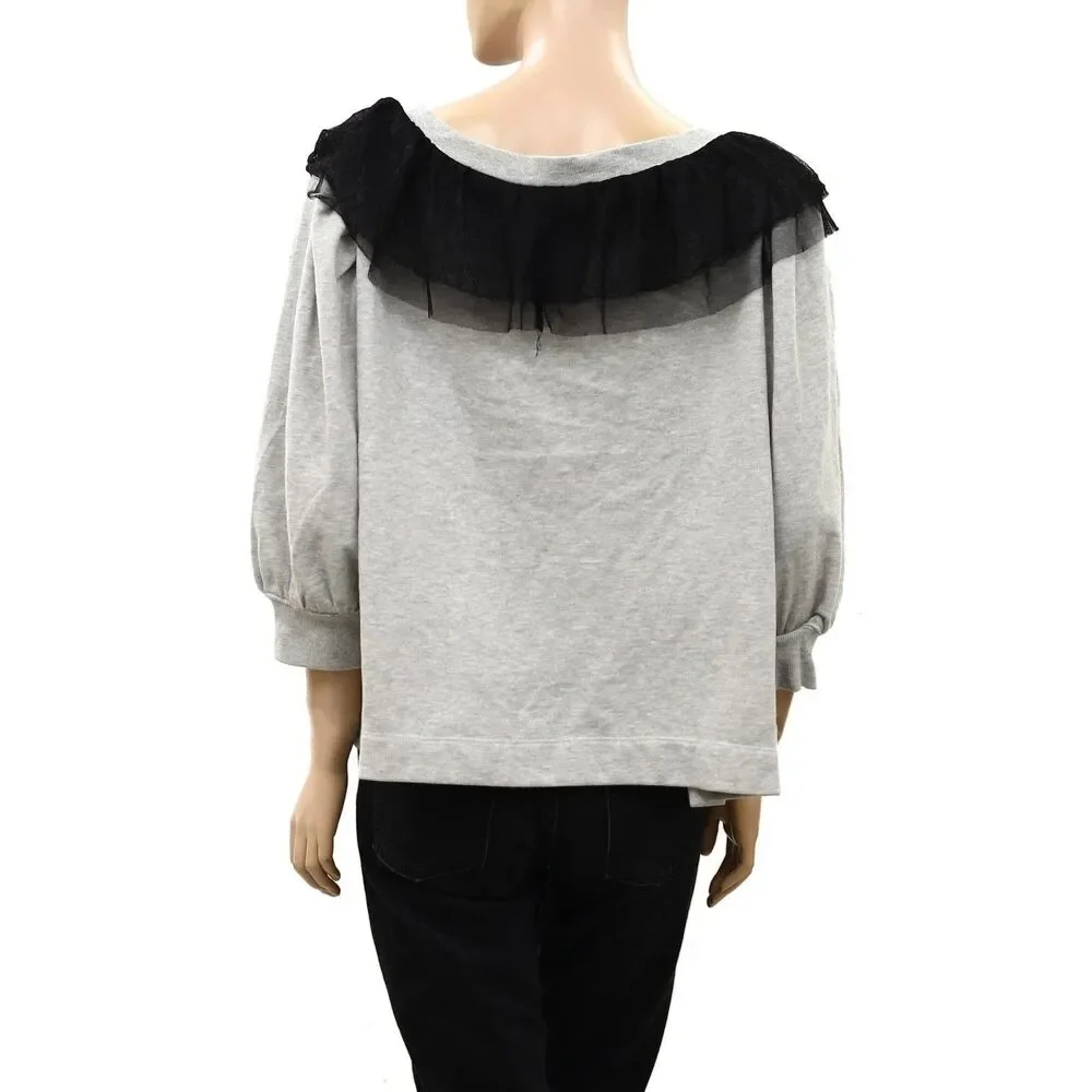 Anthropologie Maeve V-Neck Bow Sweater Pullover Top Tulle Mesh Ruffle XL 289709